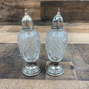 VINTAGE   SHERIDAN STERLING SILVER PRESSED GLASS SALT & PEPPER SHAKERS WEIGHTED